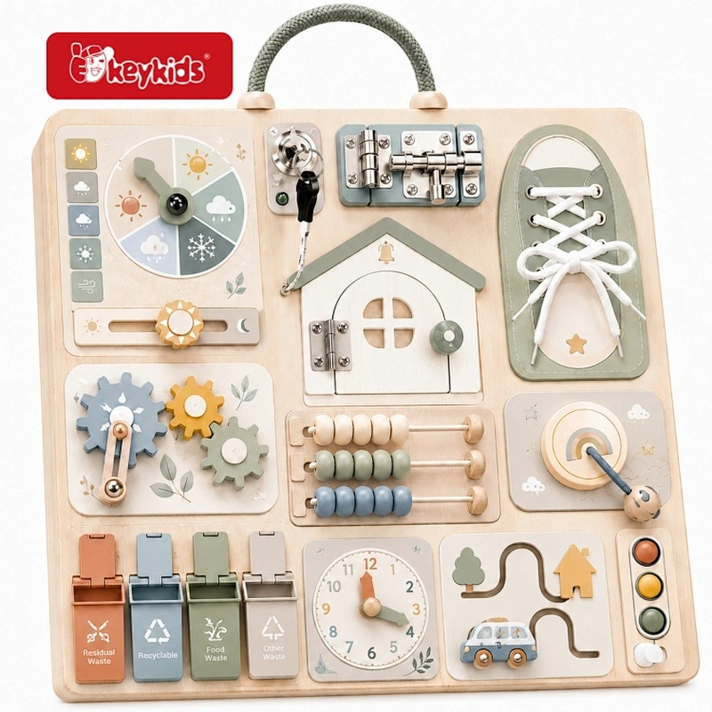 Wooden Portable Handle Busy Board with Weather Clock, Gears, Lacing Shoe, Lock, Traffic Lights, Sorting Bins and Clock W12D988